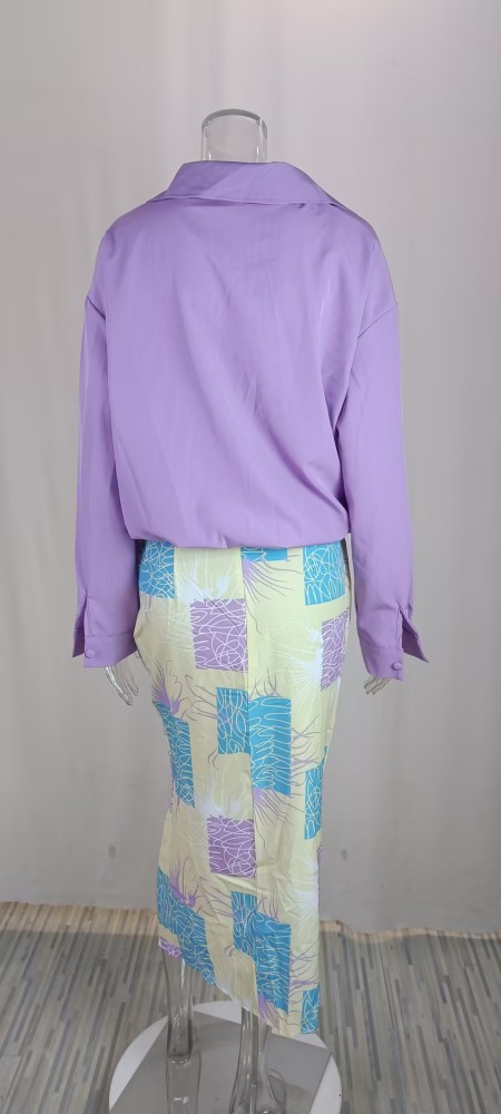 Lapel Long Sleeve Top Print Skirt Two Piece Set