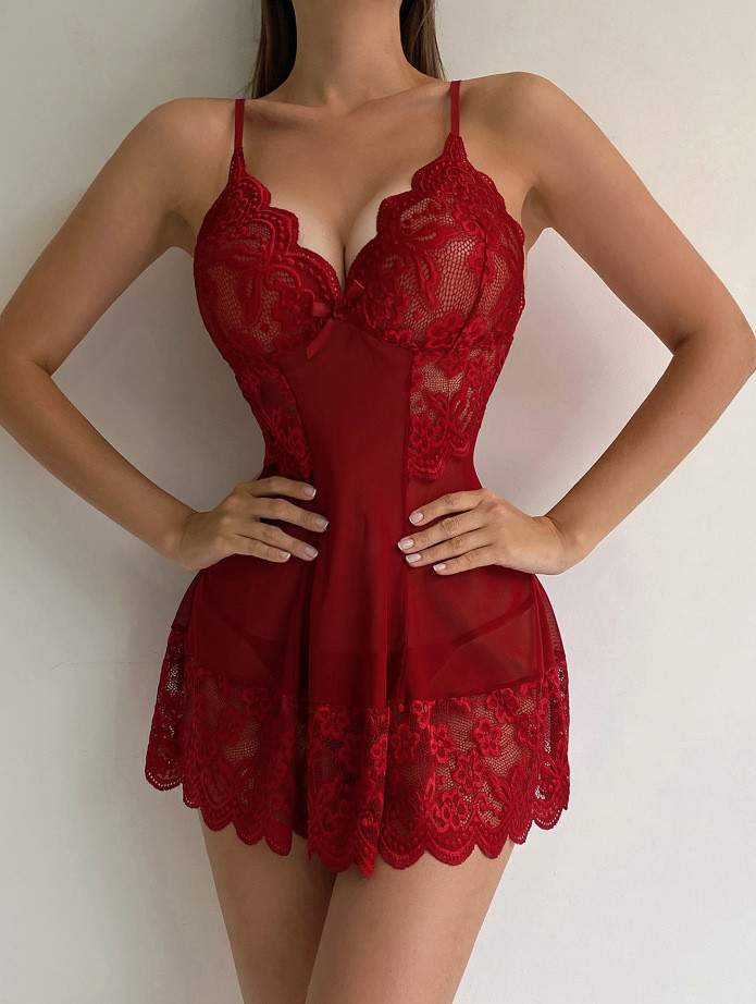 Plus Size Ladies crochet lace See-Through bowknot sexy lingerie set