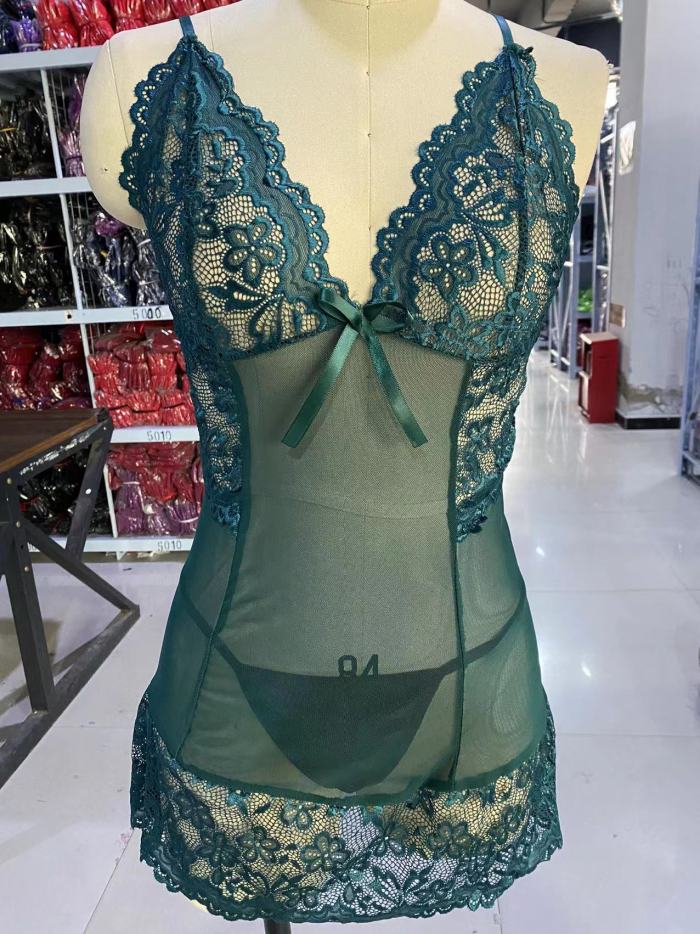 Plus Size Ladies crochet lace See-Through bowknot sexy lingerie set