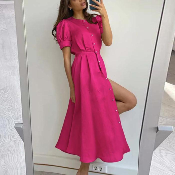 Women's O-Neck Lantern Sleeve Pearls Button A-Line Fit Flare Midi Dress