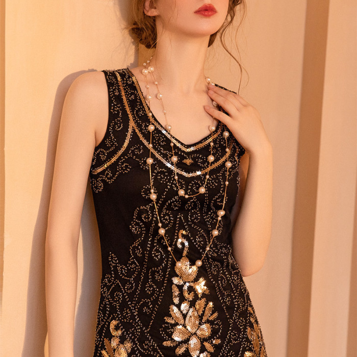 Vintage V-neck Sequin Tassel Dress Beaded Evening Dress