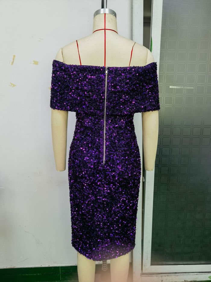 OFF LINE NECK Shoulder Split Front Sequin Dress