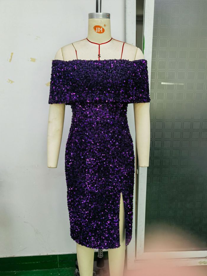 OFF LINE NECK Shoulder Split Front Sequin Dress