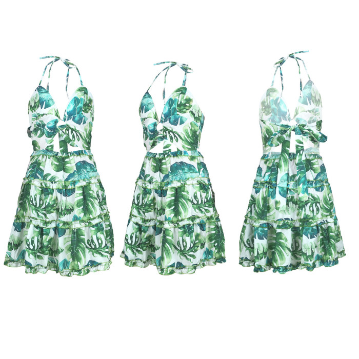Summer Printed Romantic V-neck Sleeveless Printed Cascading Ruffle Mini A-line Holiday Dress