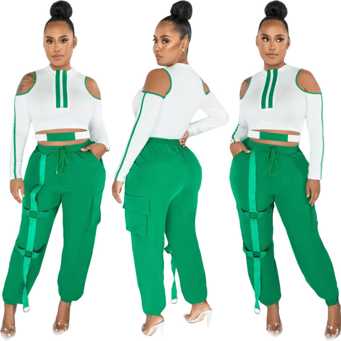 Fashion Color Contrast Cutout Long Sleeve Two Piece Pants Set