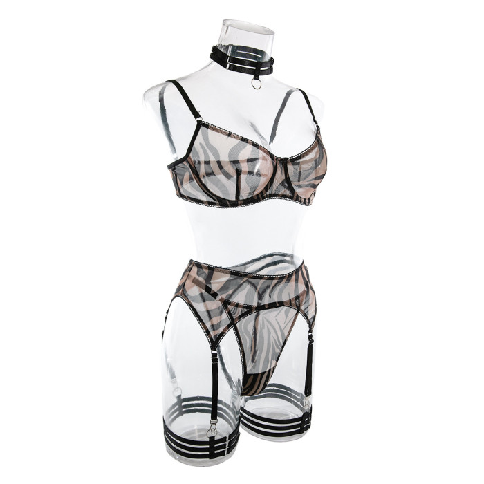 Mesh Perspective Sexy Zebra Pattern Sexy Lingerie Four Piece Set