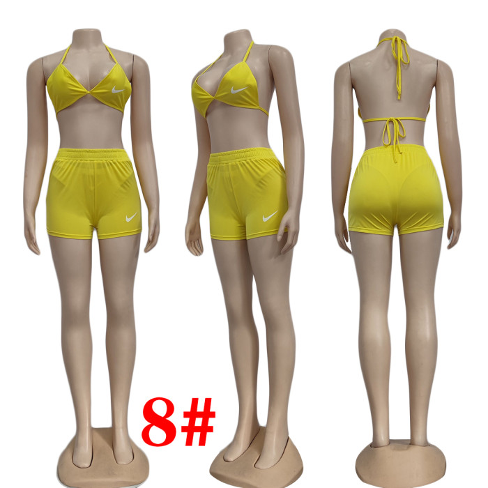 Embroidery Casual Straps Sports 3 Piece Short Set