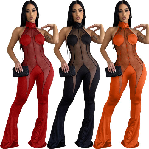 Sexy mesh Patchwork Halter Neck Women's Jumpsuit