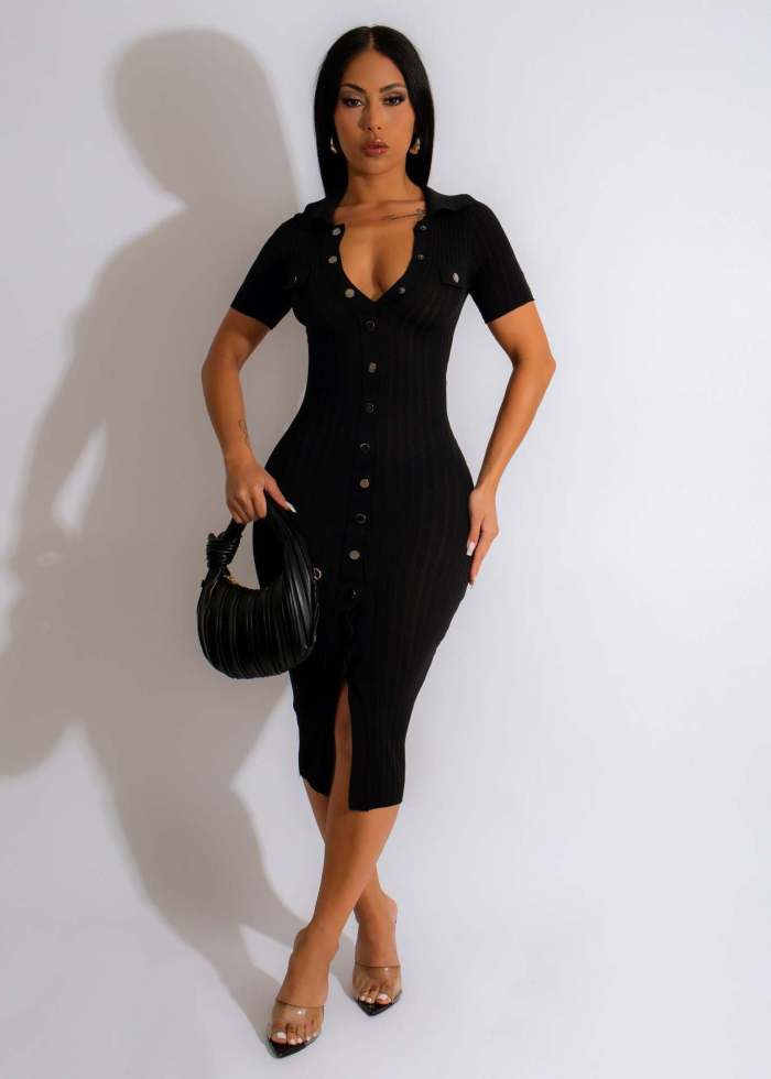 Button Down Ribbed Slim TIght Dress