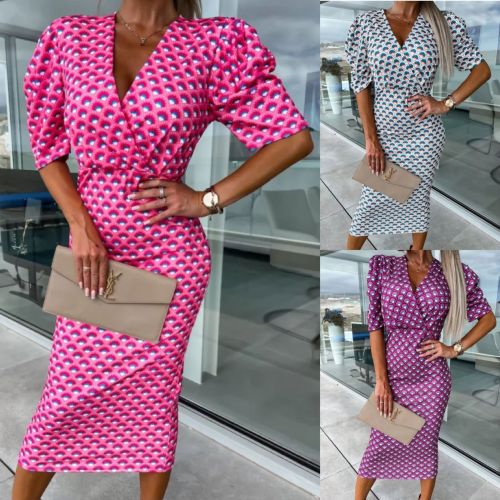 Pattern Print Wrap Casual Midi Dress
