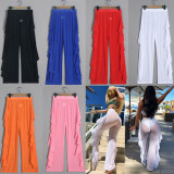 Women's Ruffle Solid casual Sexy Mesh Perspective Beach Pants