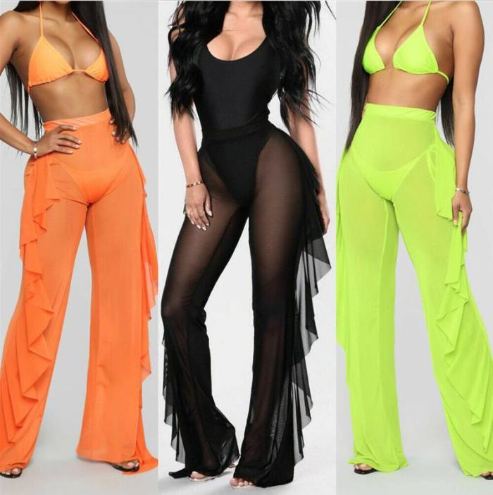 Women's Ruffle Solid casual Sexy Mesh Perspective Beach Pants