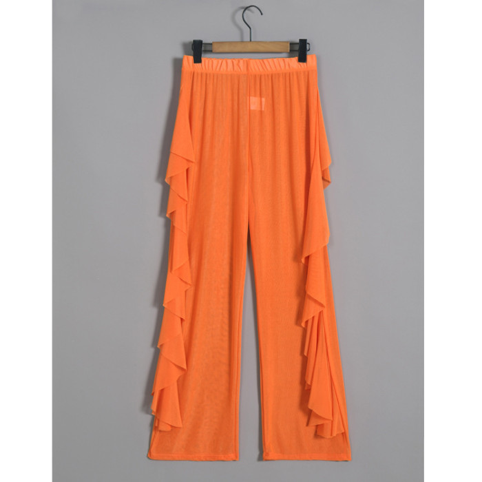 Women's Ruffle Solid casual Sexy Mesh Perspective Beach Pants