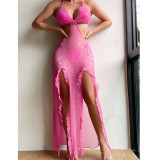 Irregular Pleated Edge Hollowed Out Slim Fitting Neck Tie Bikini Dress