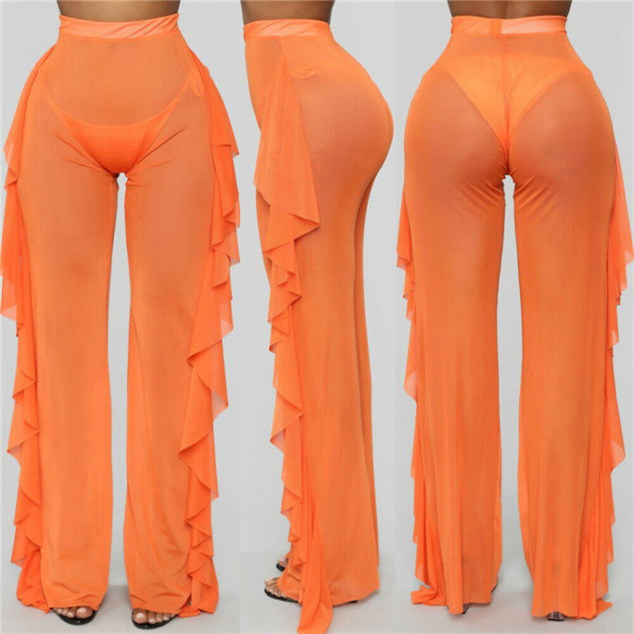 Women's Ruffle Solid casual Sexy Mesh Perspective Beach Pants