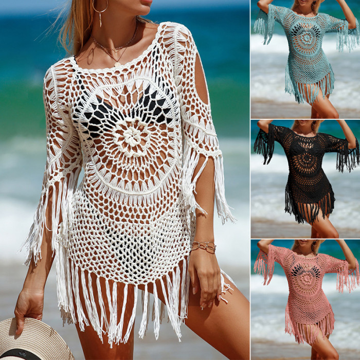 Summer Long Sleeve Bikini Knitting Beach Blouse Hand Crochet Hollow Knitting Skirt