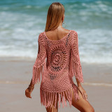 Summer Long Sleeve Bikini Knitting Beach Blouse Hand Crochet Hollow Knitting Skirt