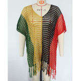 Women Color Contrast Loose V-Neck Fringe Hollow Out Bikini Beach Blouse