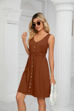Solid Sleeveless Button Pocket Round Neck Split Waist Dress