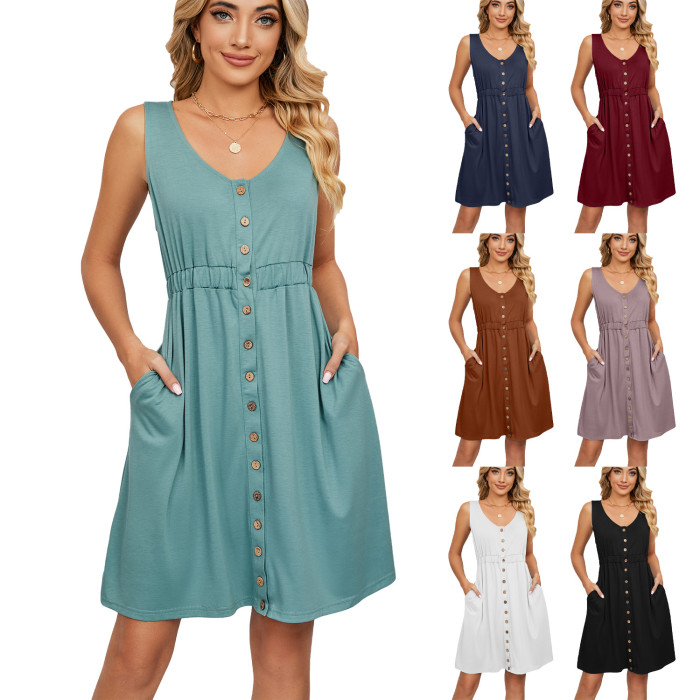 Solid Sleeveless Button Pocket Round Neck Split Waist Dress