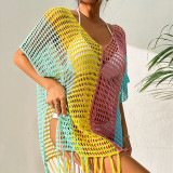 Women Color Contrast Loose V-Neck Fringe Hollow Out Bikini Beach Blouse