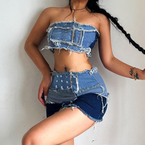 Ripped Denim Tube Top Short Set