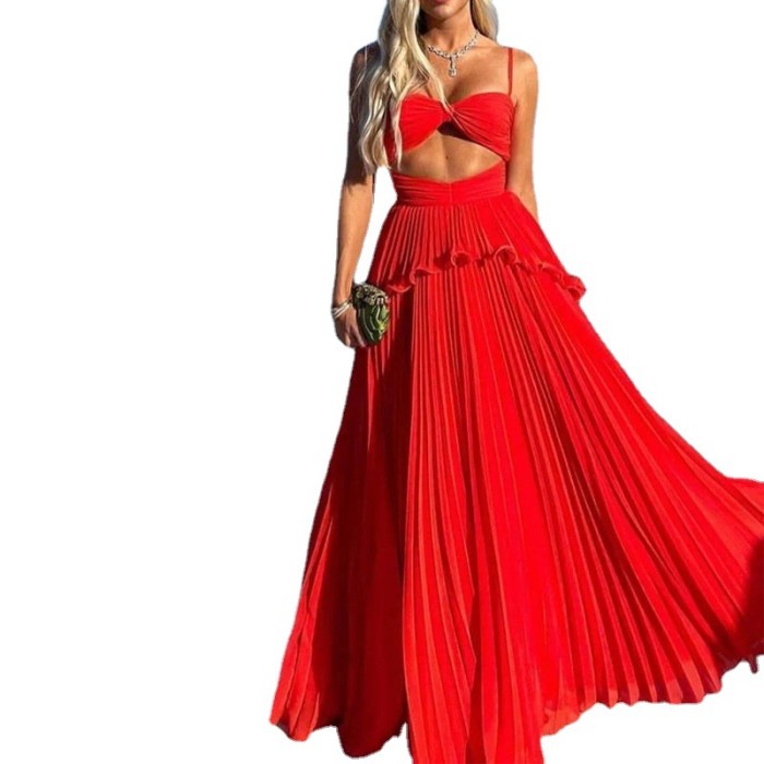 Red Pleated Draped Tulle Women's Maxi Dress