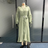 Casual  Long Sleeved V-neck Lapel Solid and Pocket Shirt Dress