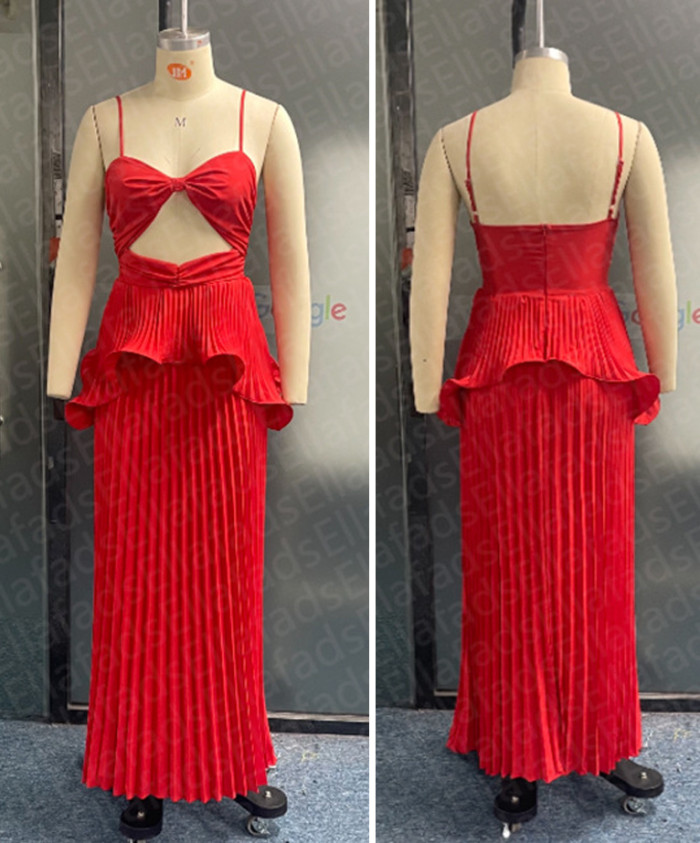 Red Pleated Draped Tulle Women's Maxi Dress