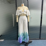 Ruffle Hem Buckled Top Palm Leaf Print Pants Set