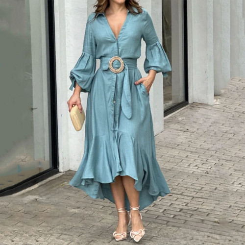 Casual  Long Sleeved V-neck Lapel Solid and Pocket Shirt Dress
