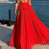 Red Pleated Draped Tulle Women's Maxi Dress