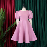 Round Neck Style Bubble Sleeved Waistband Large Sswing A-line Dress