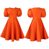Round Neck Style Bubble Sleeved Waistband Large Sswing A-line Dress