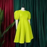 Round Neck Style Bubble Sleeved Waistband Large Sswing A-line Dress