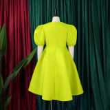 Round Neck Style Bubble Sleeved Waistband Large Sswing A-line Dress