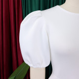 Round Neck Style Bubble Sleeved Waistband Large Sswing A-line Dress