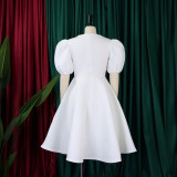Round Neck Style Bubble Sleeved Waistband Large Sswing A-line Dress