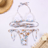 Sexy Ribbon Spliced Lace Binding Printed Bikini