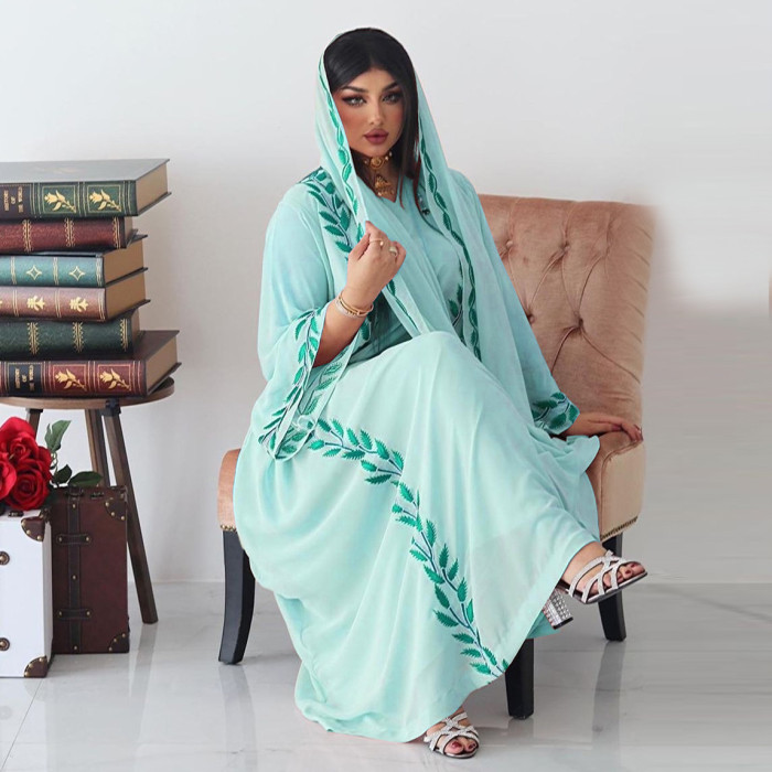 Chiffon Long Muslim Embroidered Round Neck Dress With Headscarf