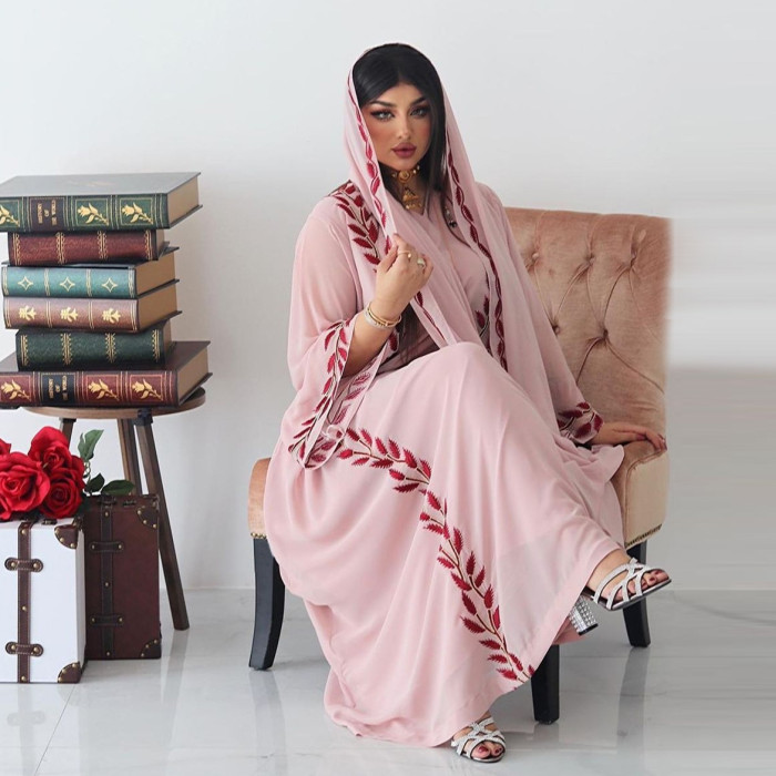 Chiffon Long Muslim Embroidered Round Neck Dress With Headscarf