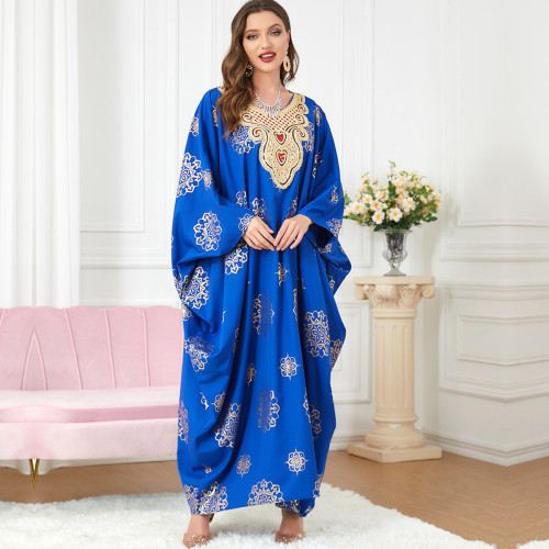 Blue Floral Print Islamic Clothing Kaftan Abaya Muslim Dress