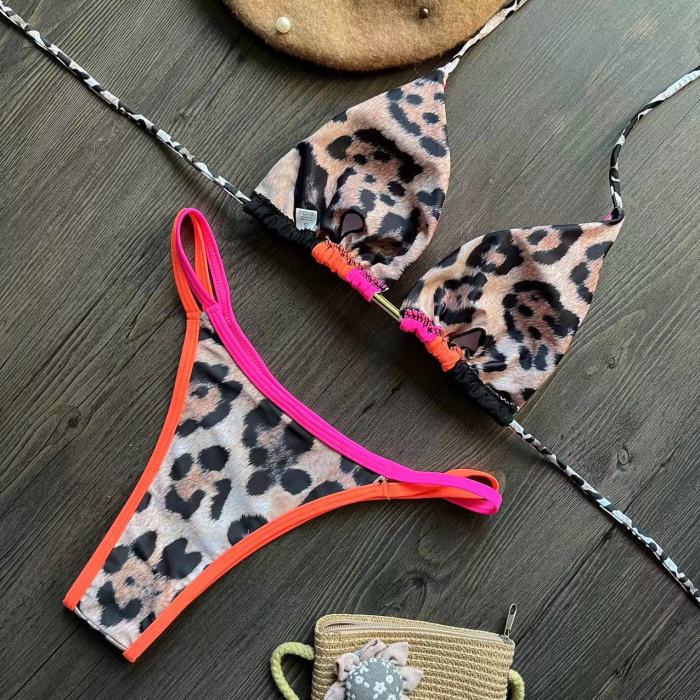 Sexy Open Back Split Neck Leopard Print Strap Swimsuit