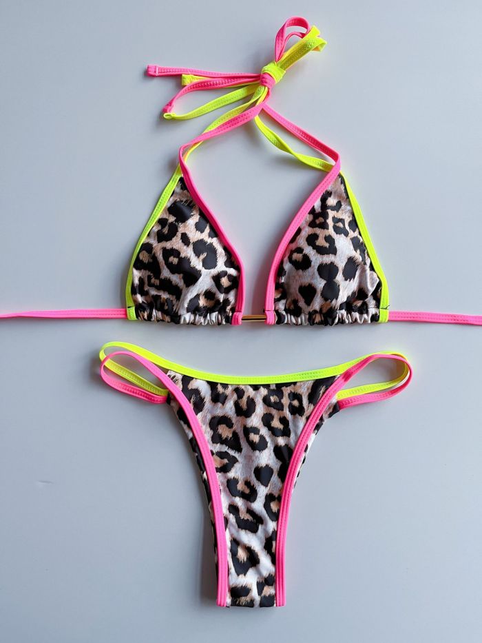 Sexy Open Back Split Neck Leopard Print Strap Swimsuit