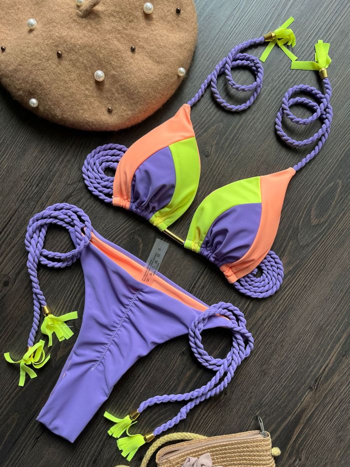 Three Color Patchwork Triangular Braided Rope Bikini Swimsuit