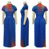 Women Round Neck Short Sleeve Printed Top And Pleated Skirt Two-Piece Set