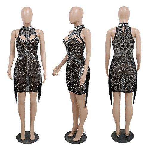 Mesh Beaded Fashion Fringed Bodycon Slim Dress