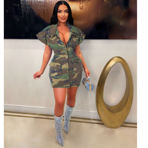 Sexy Oversized Turndown Collar Camouflage Tight Fitting Dress
