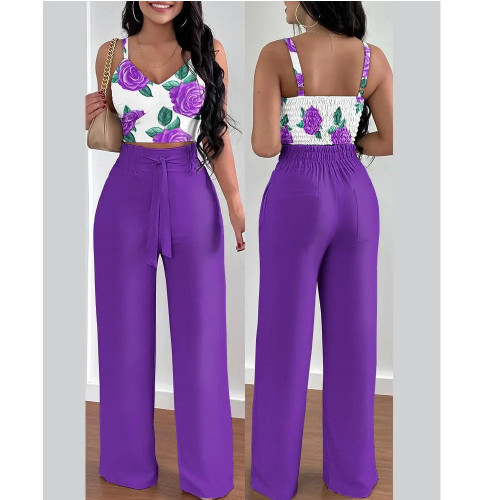 Fashion Floral Shirred Crop Top Pants Set