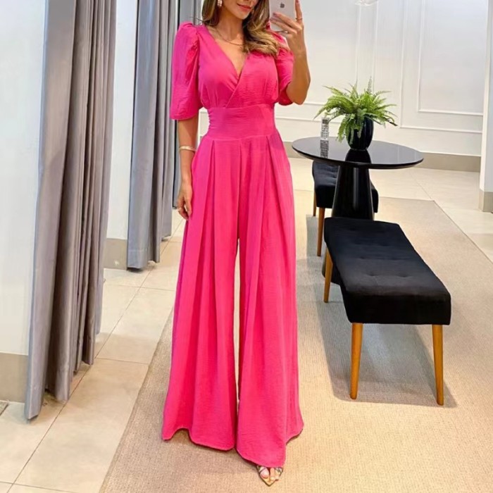 Women's Solid Color High Waisted Wide Leg Jumpsuit